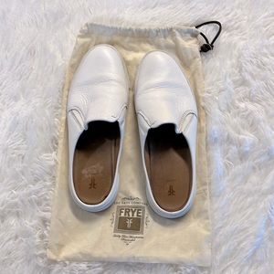 White leather Frye slip on shoes